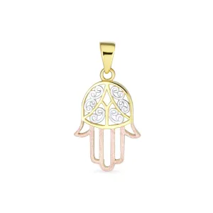 Genuine 14K Tri Color Gold Hamsa Pendant Necklace for Spiritual Protection