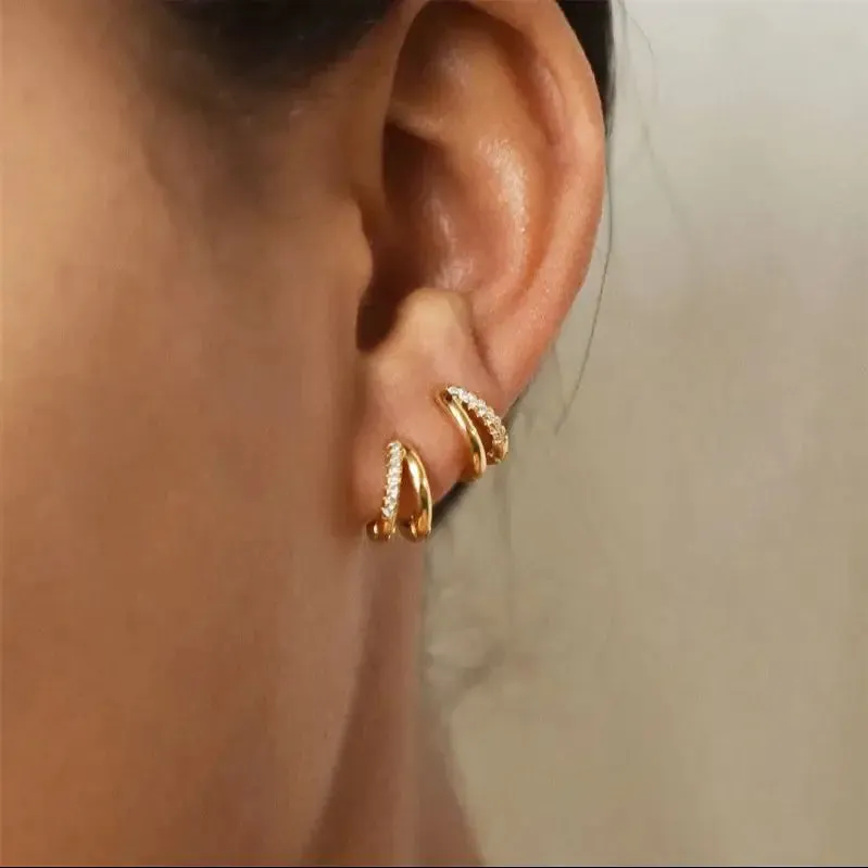 Gold Color Paved Dazzling Cz Stone Luxury Trendy Hollow Earring