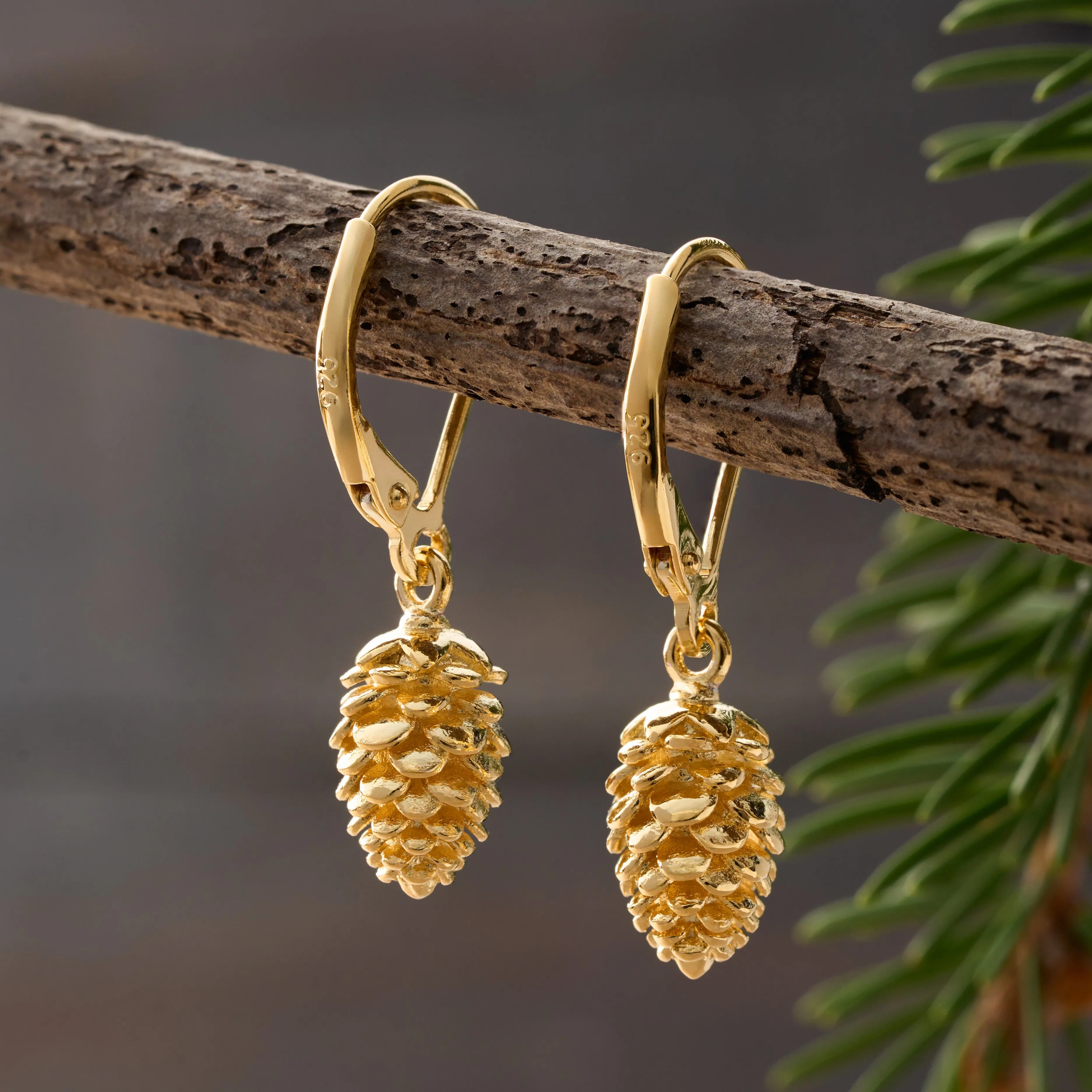 Gold Leverback Pine Cone Earrings