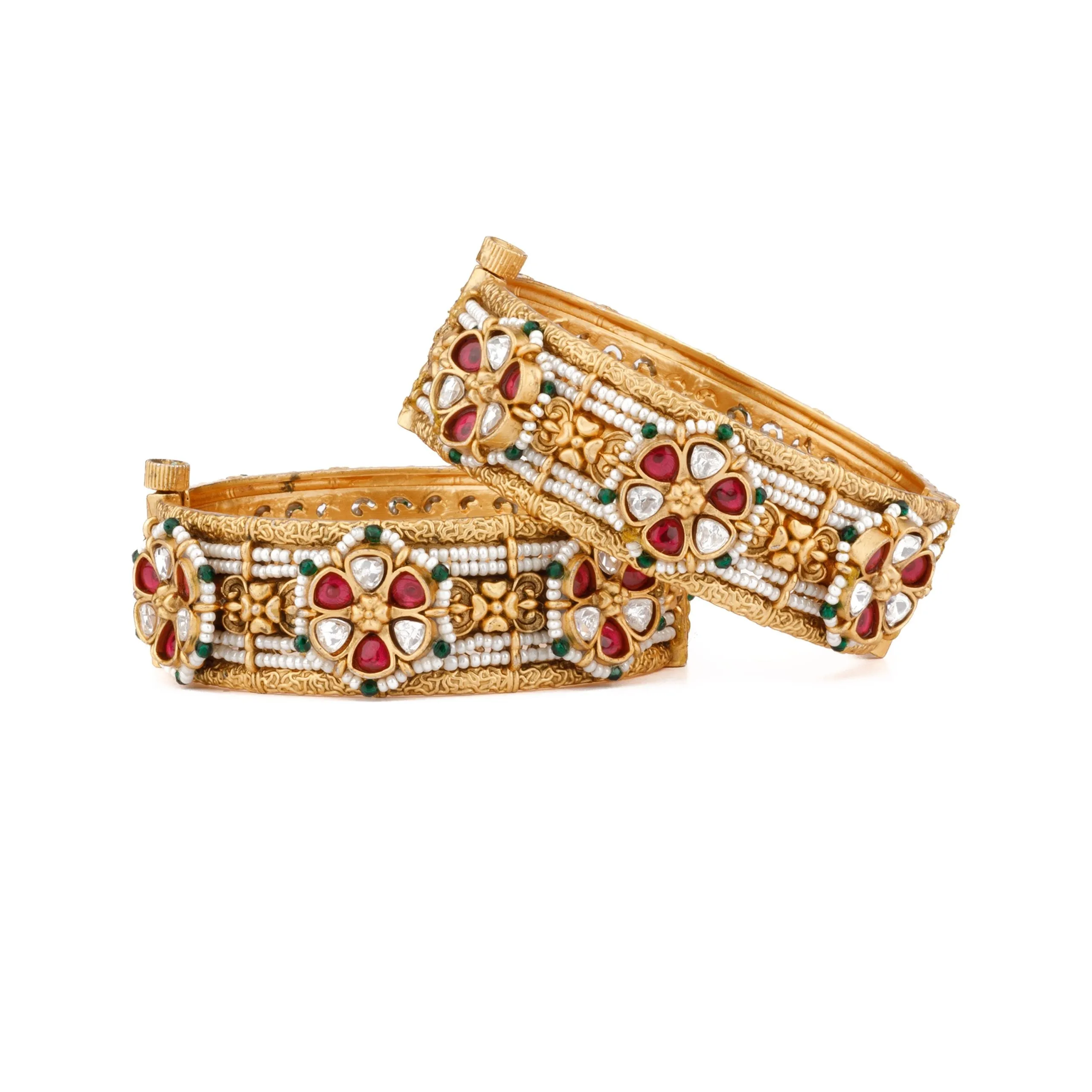 Gold Plated Kundan With Red Onyx Stone Mixed Flower & Pearls Bangles, Set of 2