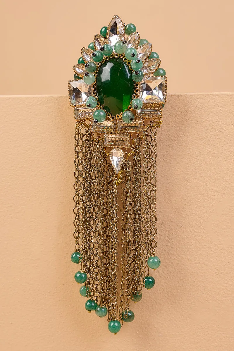 Green Stone Crystal Brooch With Metal Chain Drops