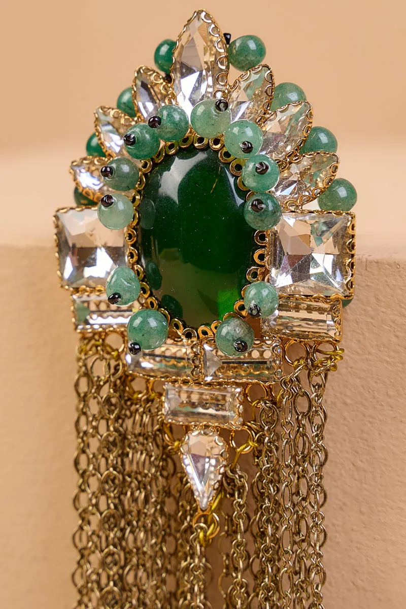 Green Stone Crystal Brooch With Metal Chain Drops