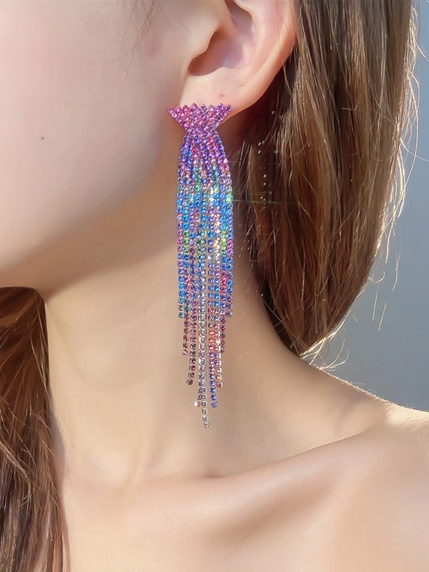 Half-round Rhinestone Tassel Earrings