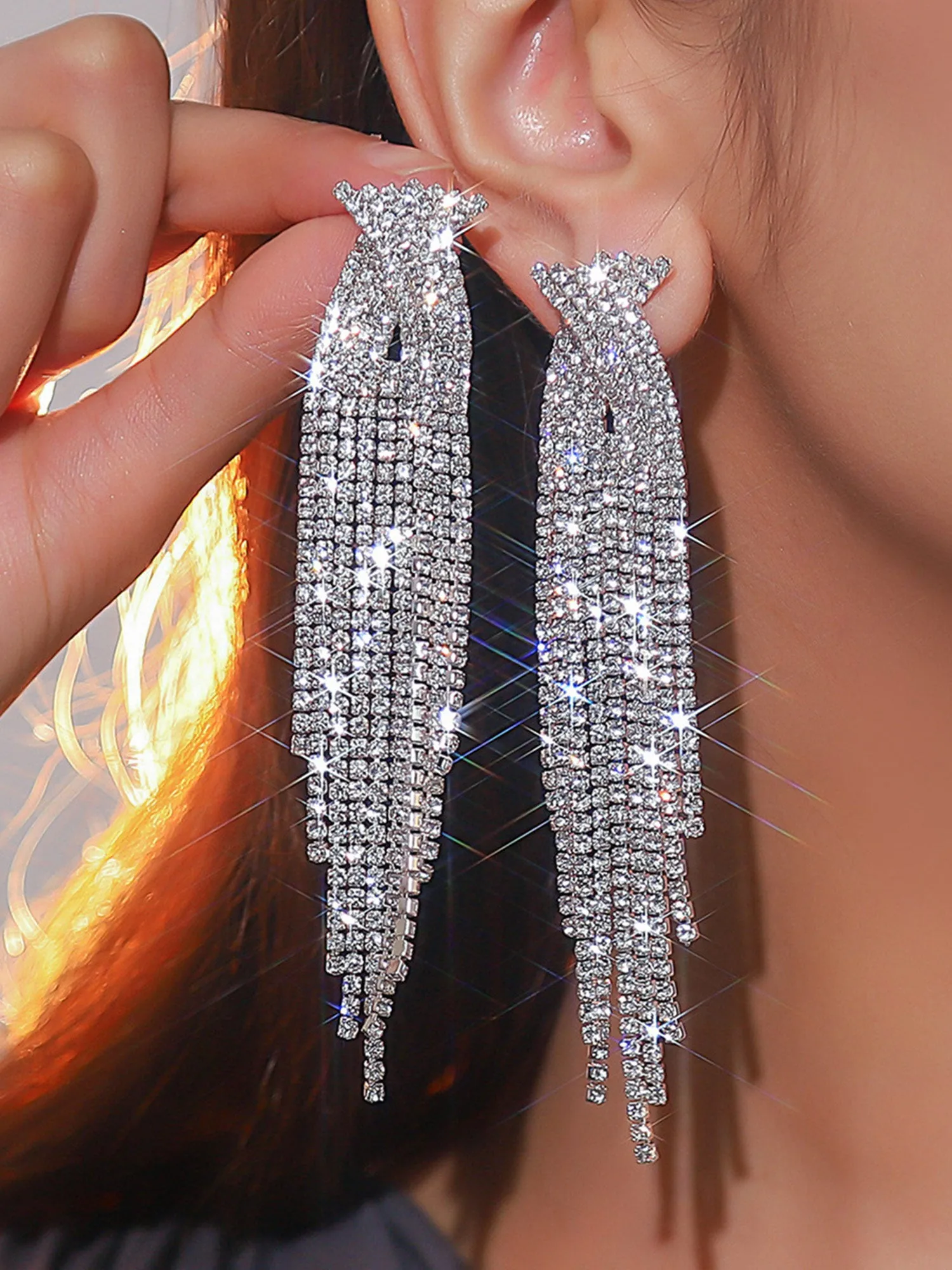 Half-round Rhinestone Tassel Earrings