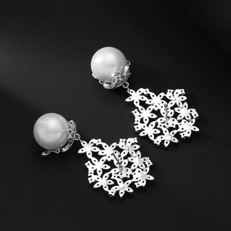 High Quality Cubic Zircon Long Dangle Drop Silver color Pearl Earrings