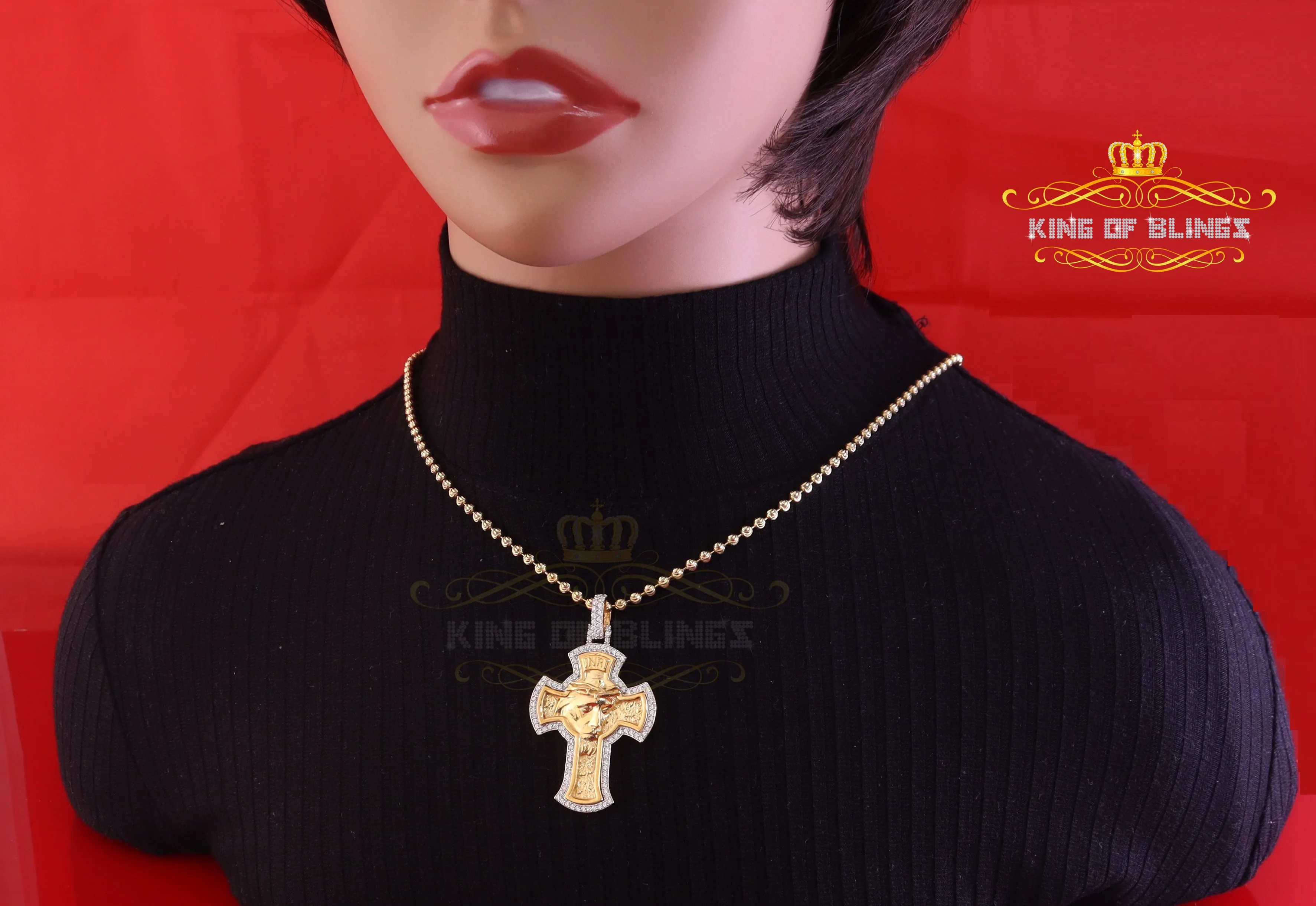 King Of Bling's Men's 'VVS ' IF'D' Moissanite 1.00CT Silver JESUS Yellow Cross Pendant for Him