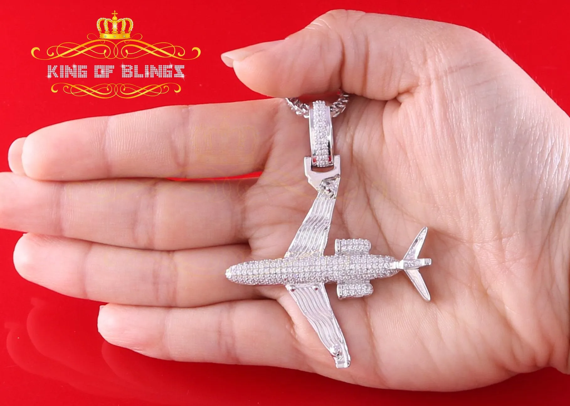 King Of Bling's White 925 Sterling Silver Aeroplane Shape Pendant with 1.82ct Cubic Zirconia