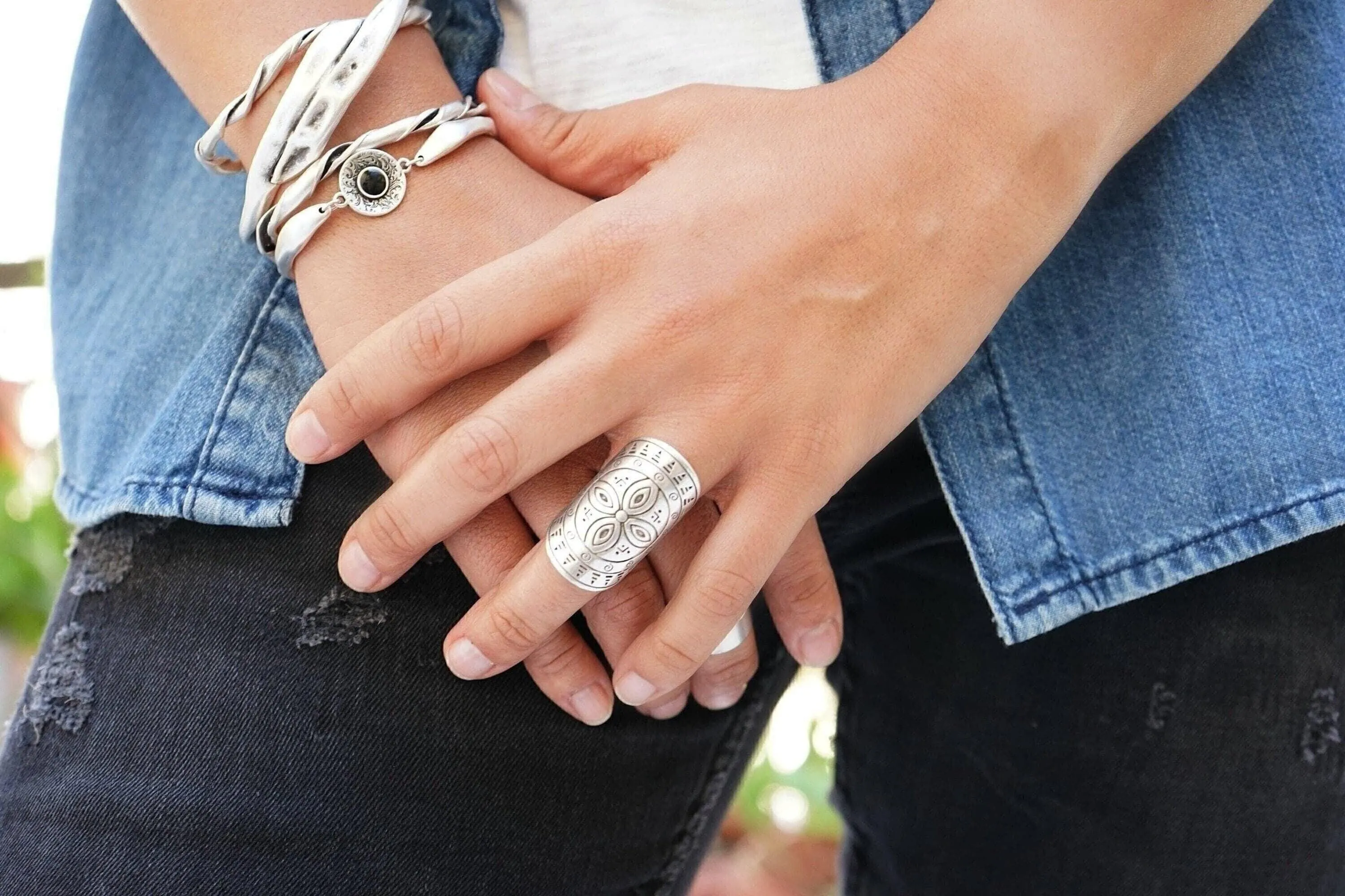 Long Silver Mandala Flower Ring