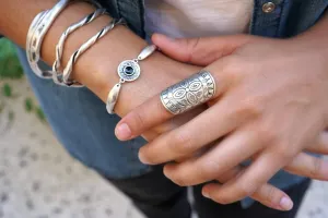 Long Silver Mandala Flower Ring