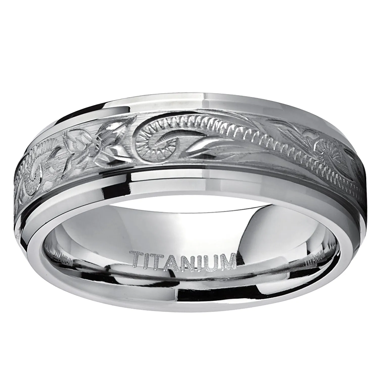 Men's Hand Engraved Titanium Wedding Ring Band, Comfort Fit 7mm