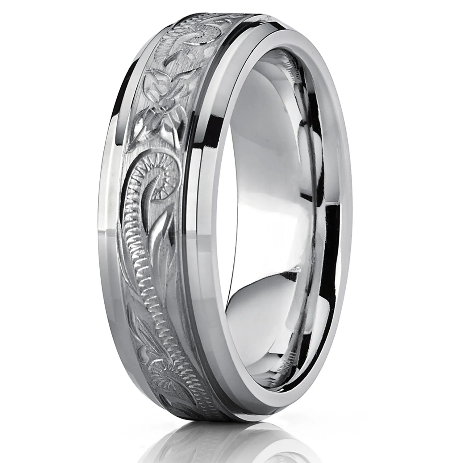 Men's Hand Engraved Titanium Wedding Ring Band, Comfort Fit 7mm