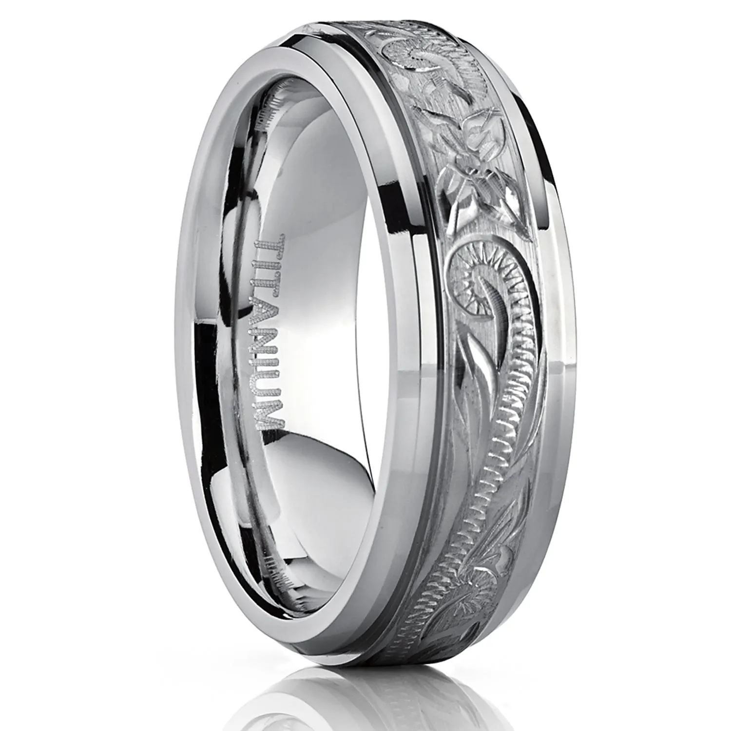 Men's Hand Engraved Titanium Wedding Ring Band, Comfort Fit 7mm