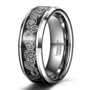 Men's Tungsten Wedding Band with Steampunk Wheel Inlay