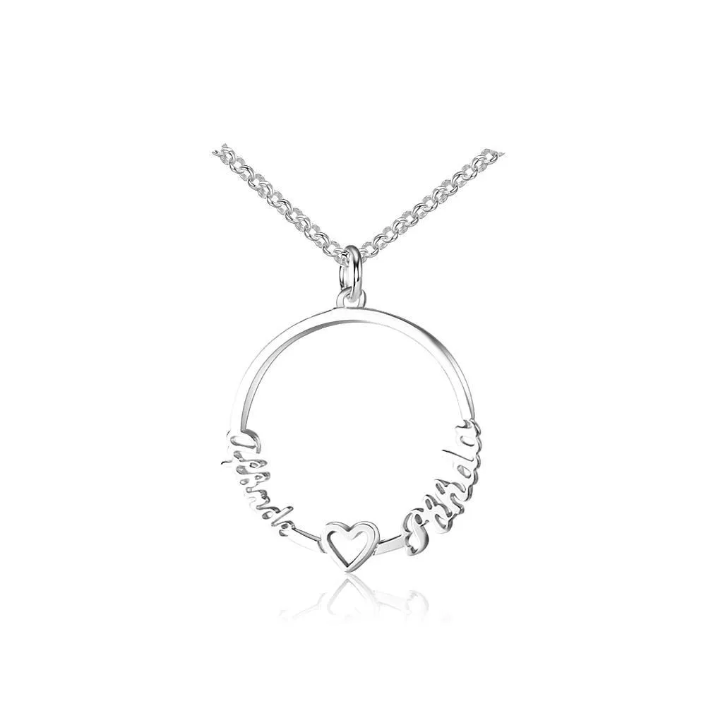 Personalized Custom 2 Names Necklace for Women 925 Sterling Silver Circle Necklace with Heart Fine Jewelry