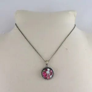 Pink Multi-stoned Crystal & Antique Brass Pendant Necklace