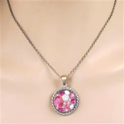 Pink Multi-stoned Crystal & Antique Brass Pendant Necklace