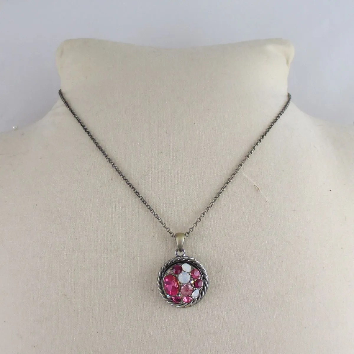 Pink Multi-stoned Crystal & Antique Brass Pendant Necklace