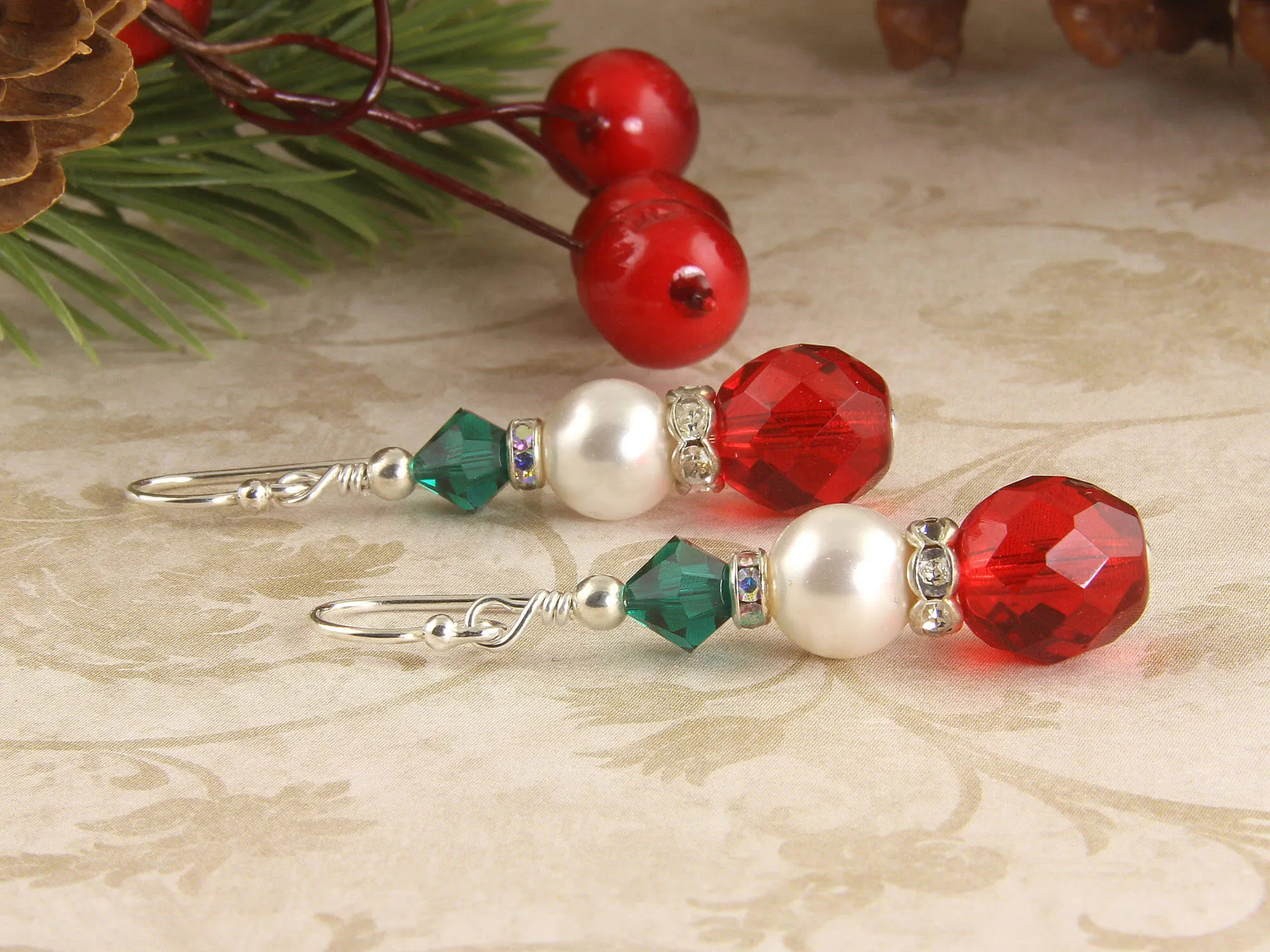 Red & Green Christmas Pearl Earrings