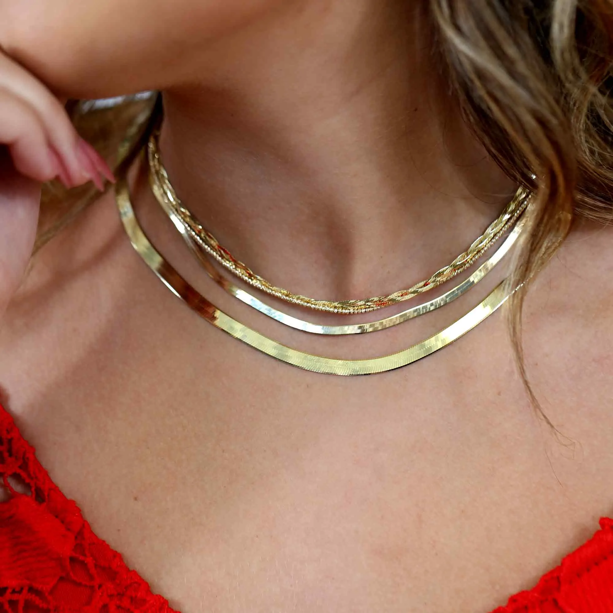 Roma Gold Braided Herringbone Chain Necklace