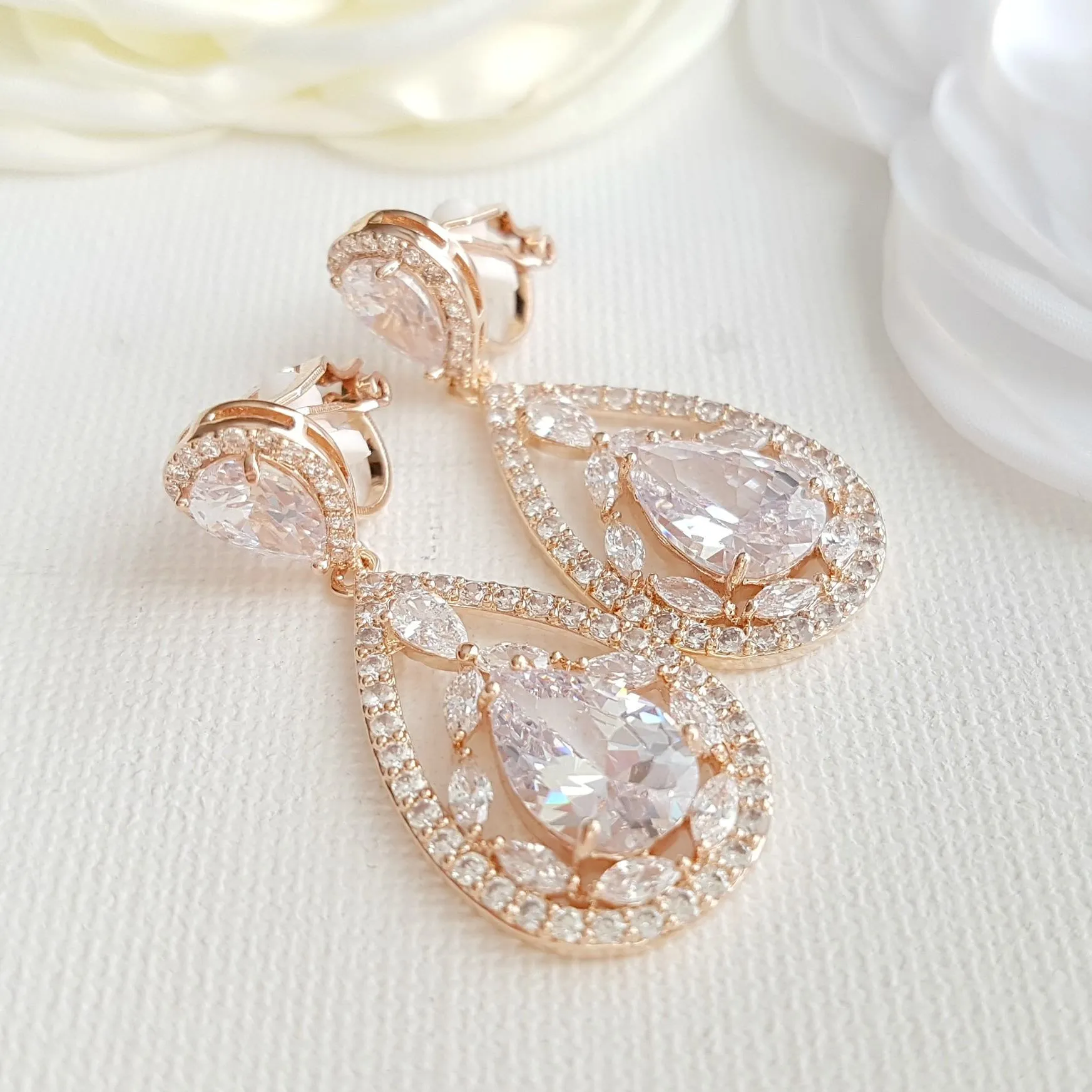 Rose Gold Clip On Earrings for Brides with Non Pierced Ears-Esther