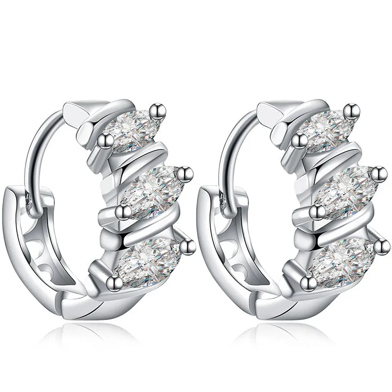 Small Silver Leaf CZ Crystal Huggie Hoop Earrings