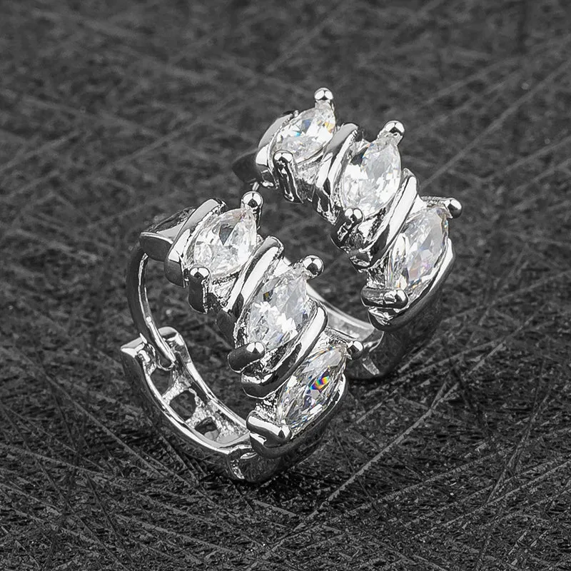 Small Silver Leaf CZ Crystal Huggie Hoop Earrings