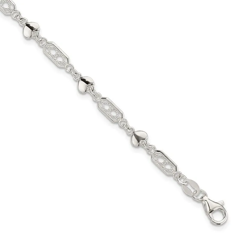 Sterling Silver Fancy Heart Link Bracelet