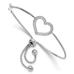 Sterling Silver Rhodium-plated Polished CZ Open Heart Adjustable Bracelet