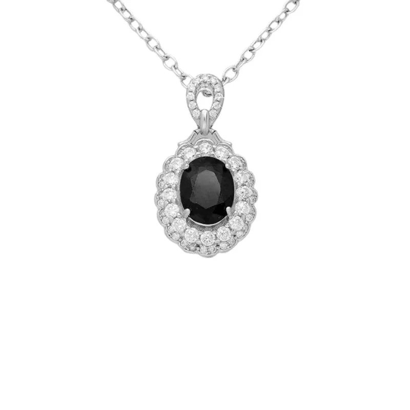 Sterling Silver Sapphire & CZ Double Halo Pendant