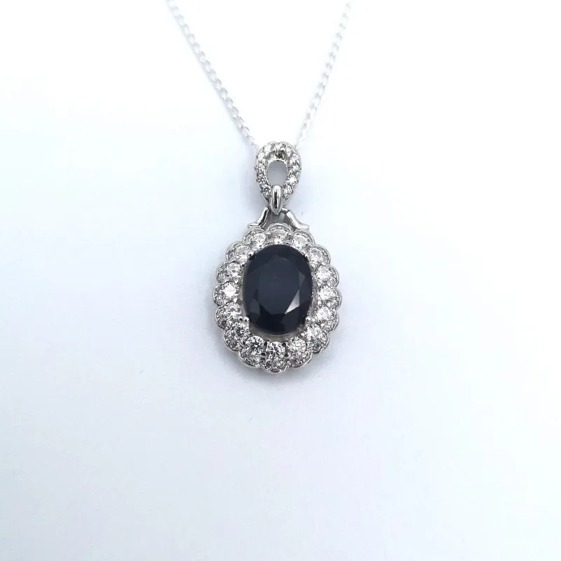 Sterling Silver Sapphire & CZ Double Halo Pendant