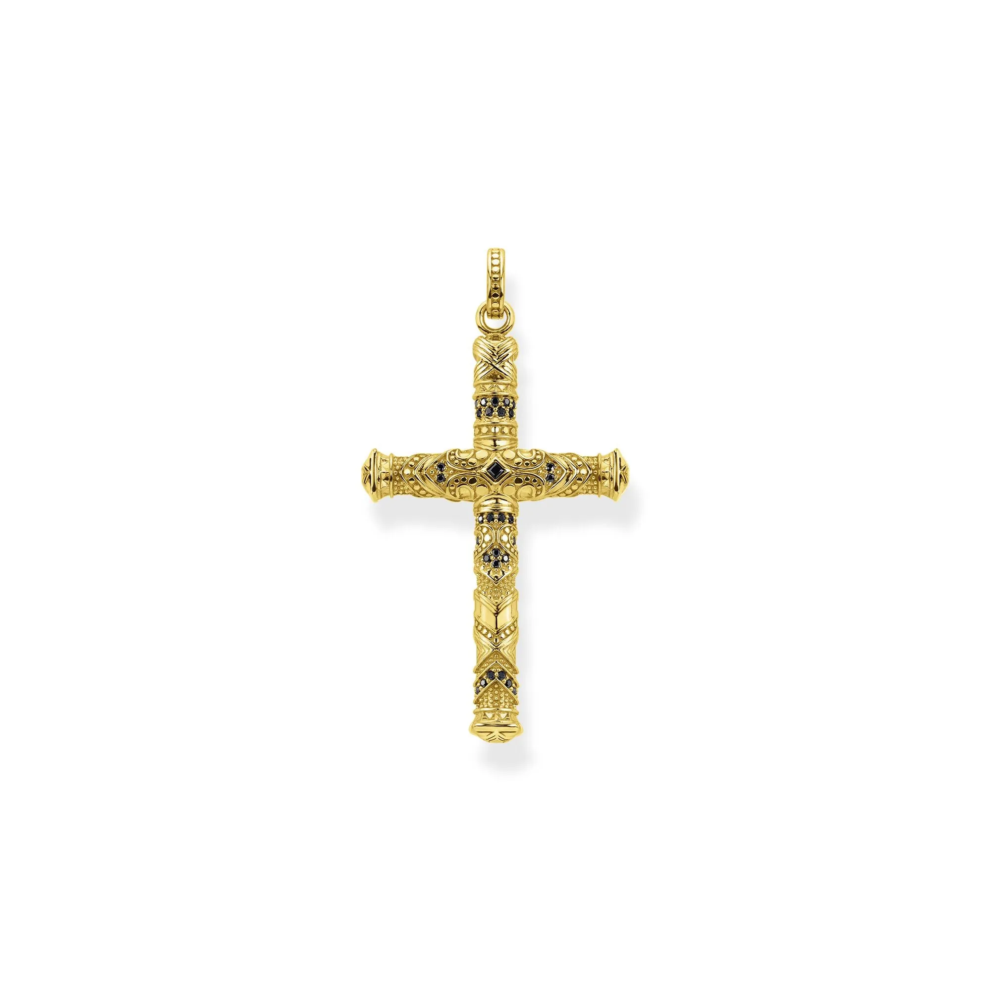 STERLING SILVER YELLOW GOLD PLATED REBEL ART DECO BLACK CZ CROSS PENDANT