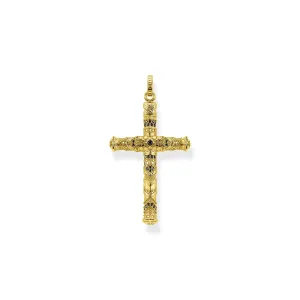 STERLING SILVER YELLOW GOLD PLATED REBEL ART DECO BLACK CZ CROSS PENDANT