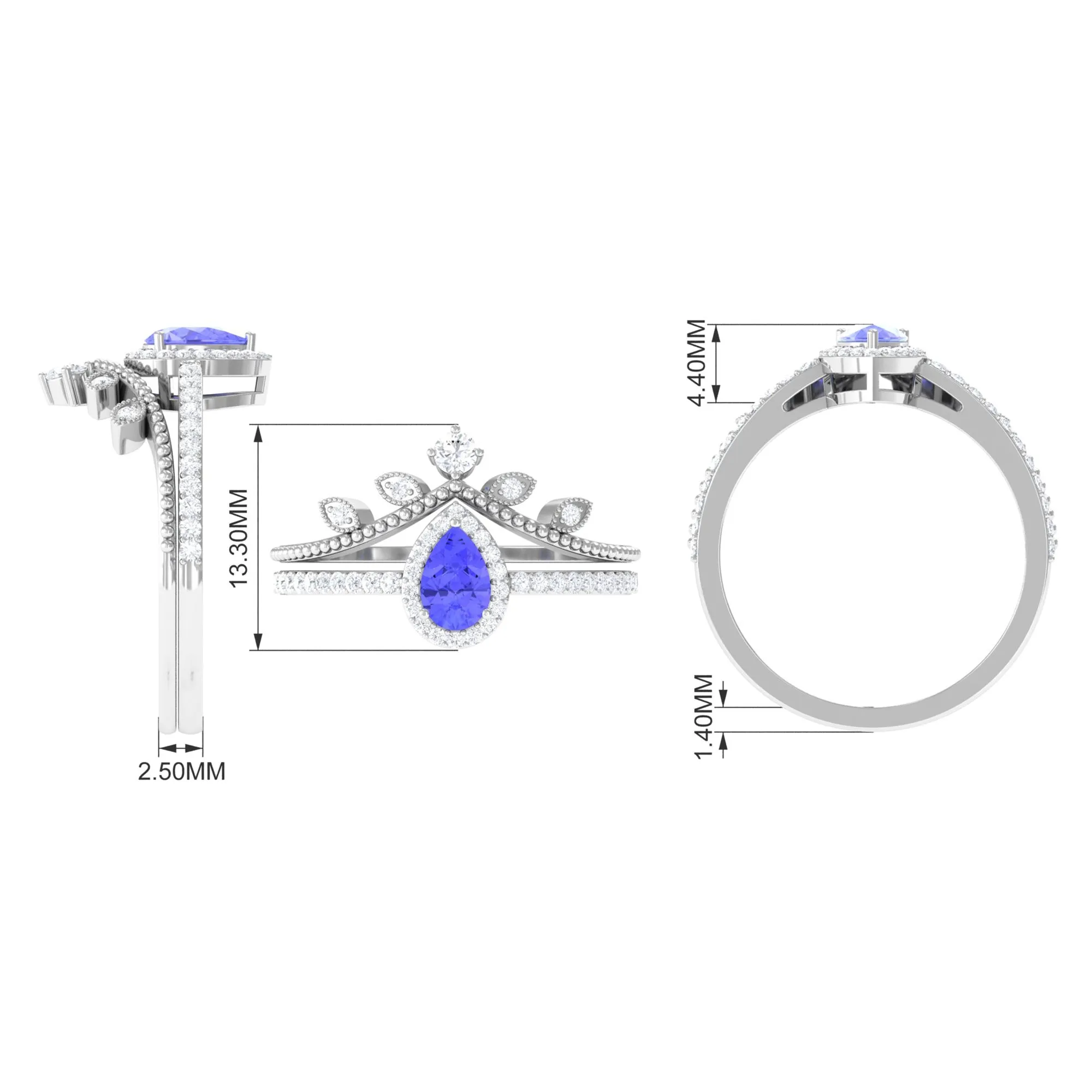 Tanzanite Vintage Teardrop Wedding Ring Set with Diamond