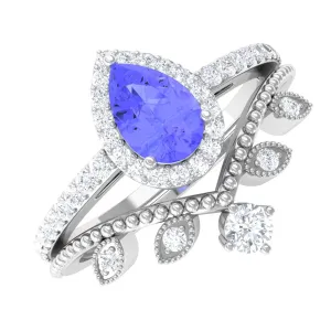 Tanzanite Vintage Teardrop Wedding Ring Set with Diamond