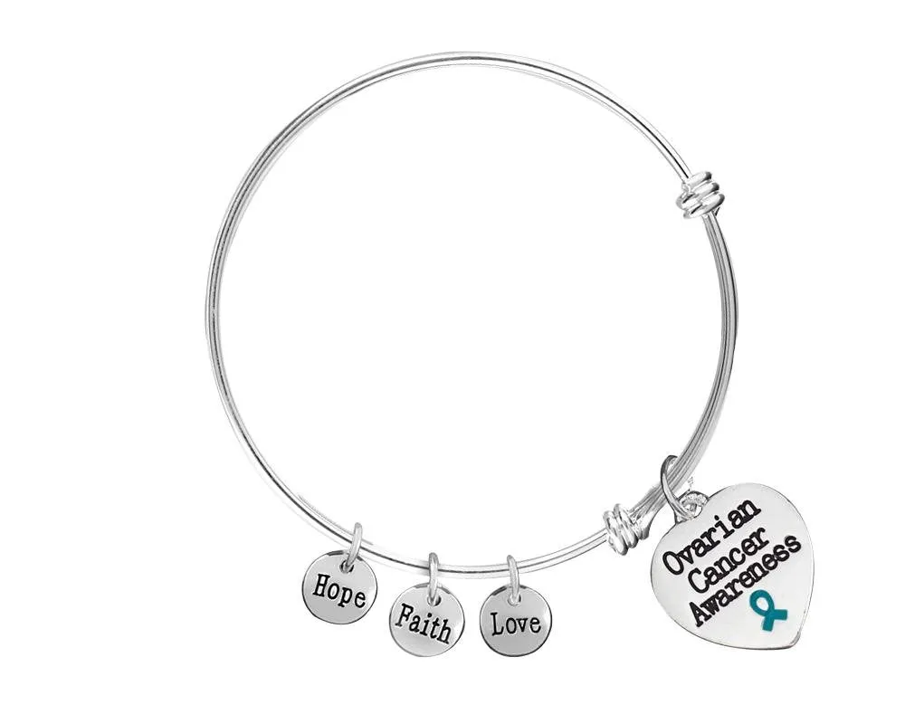 Teal Ribbon Ovarian Cancer Awareness Heart Charm Retractable Bracelets