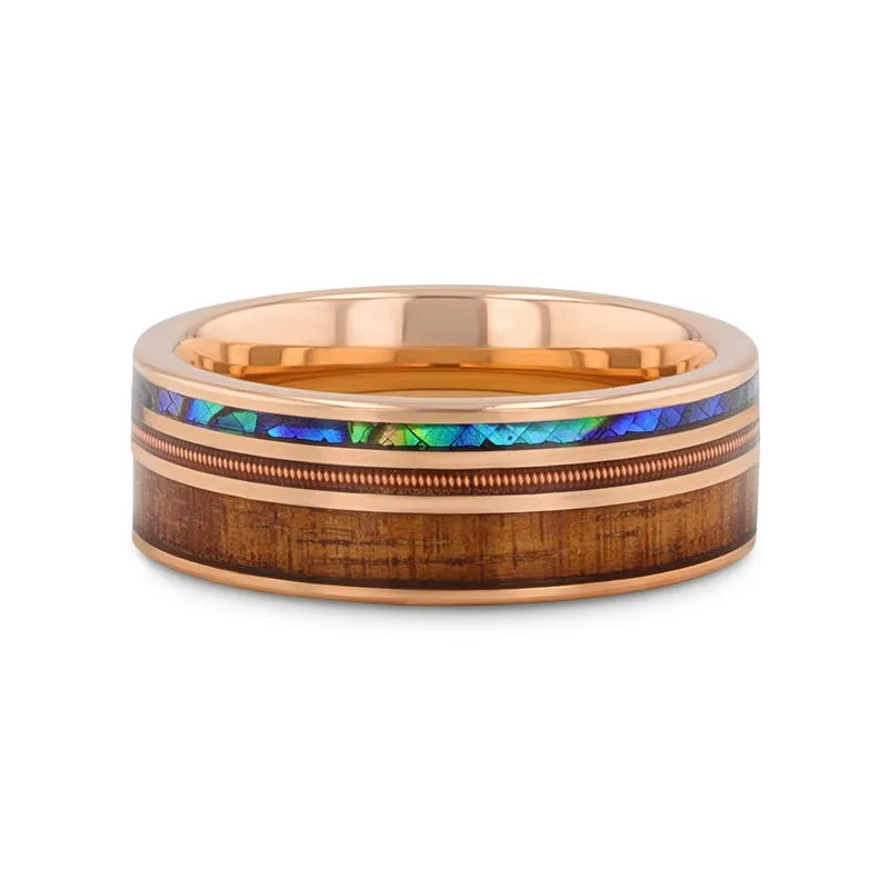 Thorsten MOANA Smoked Rose Gold Tungsten Ring with Hawaiian Koa Wood Abalone & Guitar String - 8mm