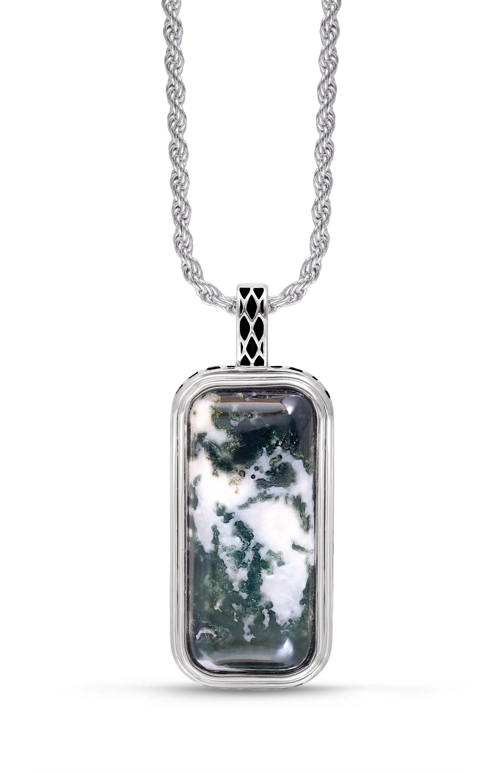 Tree Agate Stone Tag in Black Rhodium Plated Sterling Silver