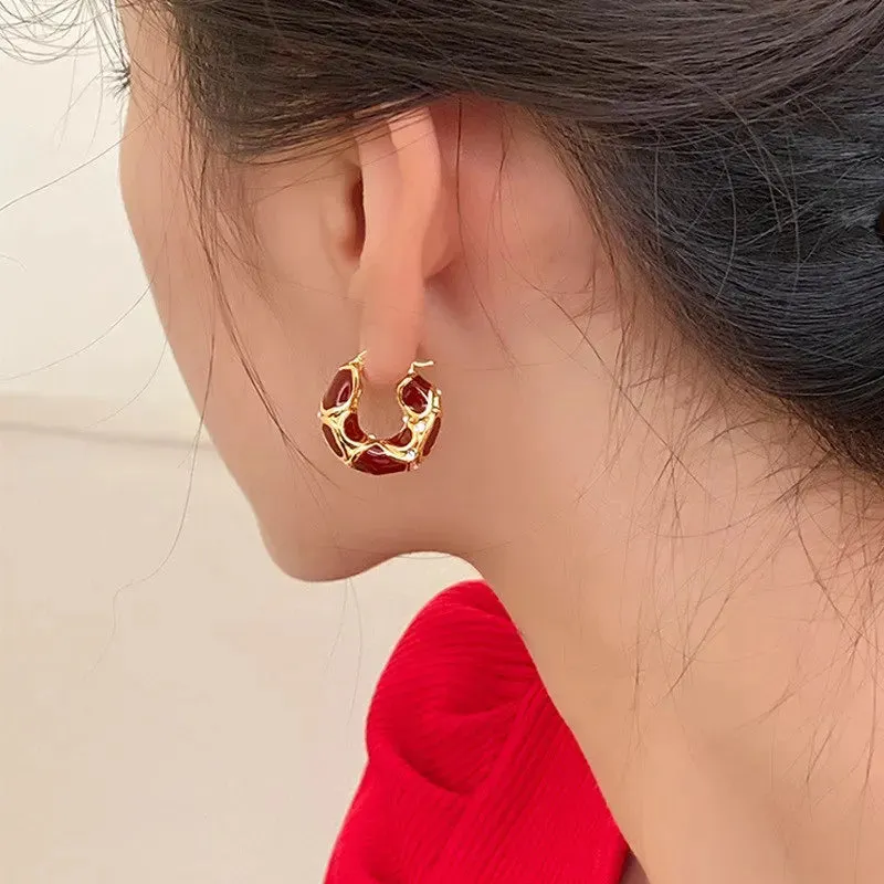 Trendy Enamel Color Metal Texture Small Hoop Gold Plated Statement Ear Buckle Creative Gifts New Earring