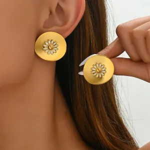 Trendy Floral Inlaid Daisy Flower Gold Earrings JLT12871