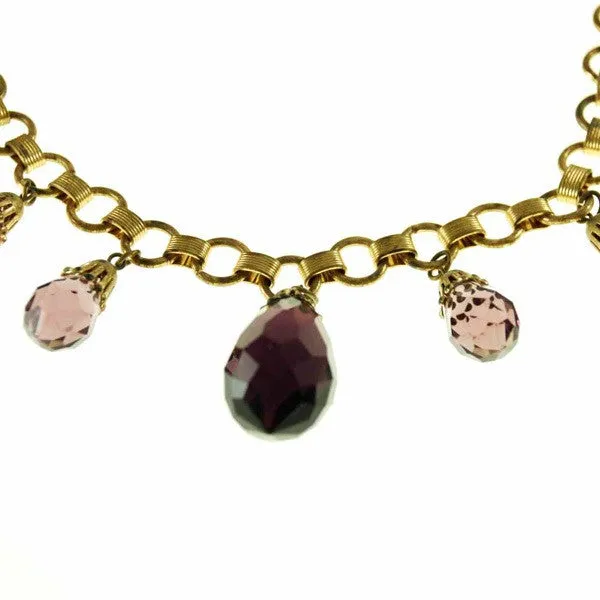 Vintage Brass & Large Purple Amethyst Drop Necklace 1940S