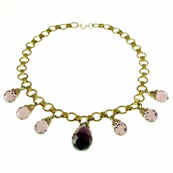 Vintage Brass & Large Purple Amethyst Drop Necklace 1940S