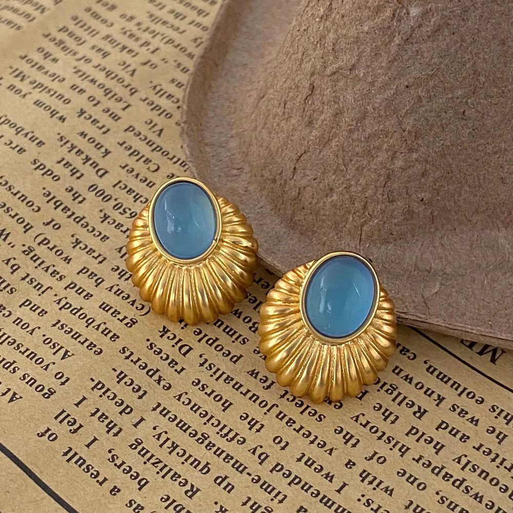 Vintage Style Oval Onyx Blue Stud Earrings JLT12713