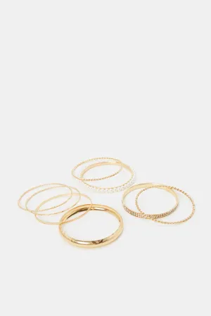 Women Gold Pearls Bangle Set (Pack of 8)