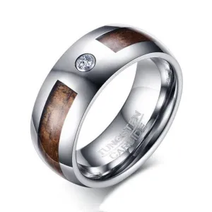 Wood Inlay Men's Created Diamond Tungsten Carbide Wedding Band